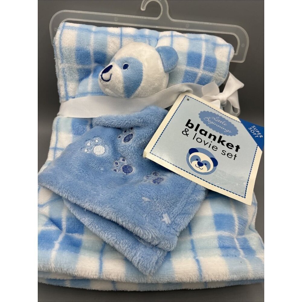 Little Beginnings Baby Blanket  Lovey Set Blue Plaid Plush Bear Security‎